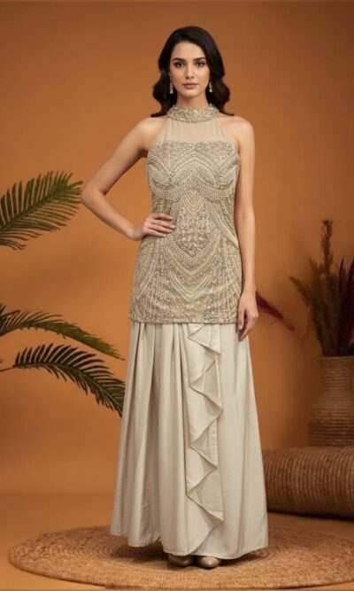 Champagne Pearl Embellished Skirt Set