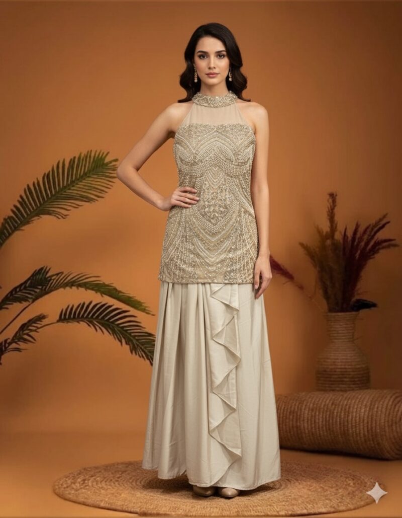 Champagne Pearl Embellished Skirt Set