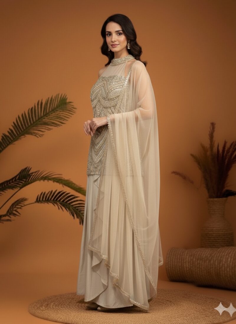 Champagne Pearl Embellished Skirt Set