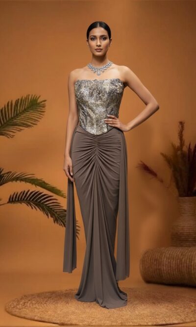 Taupe Metallic Corset Draped Silhouette