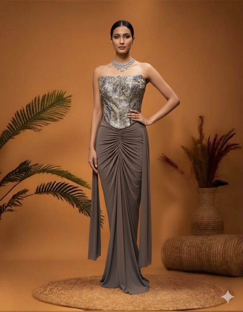 Taupe Metallic Corset Draped Silhouette