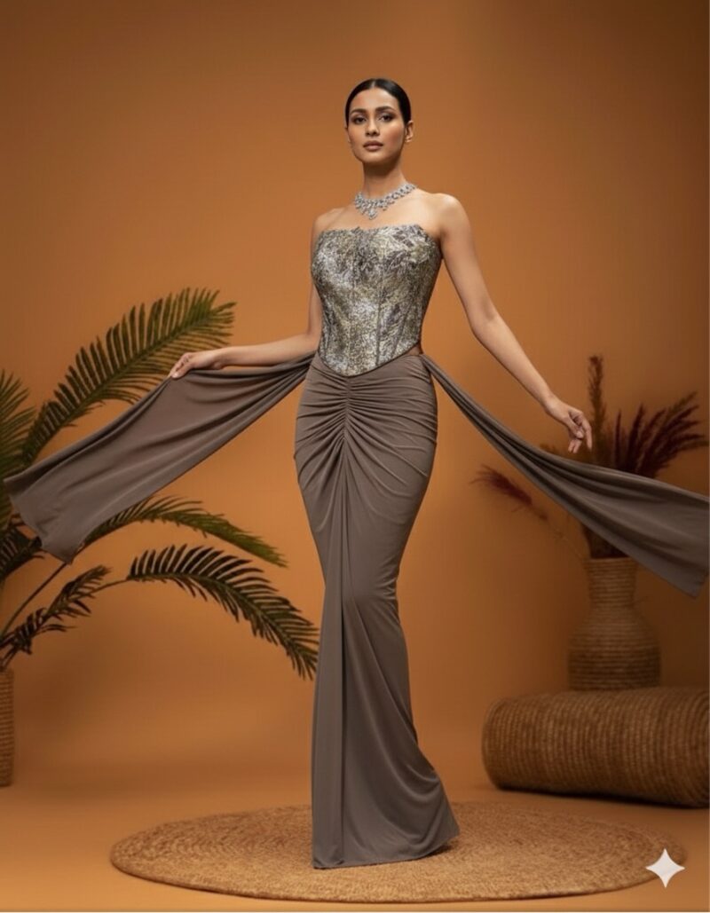 Taupe Metallic Corset Draped Silhouette