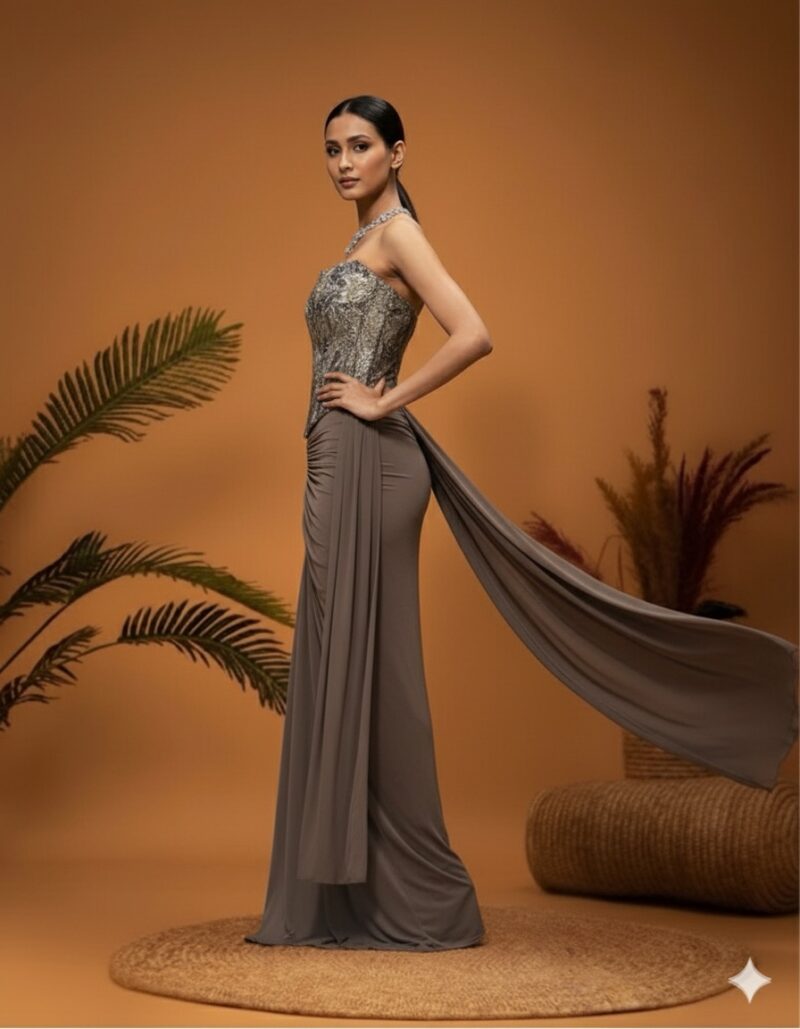 Taupe Metallic Corset Draped Silhouette