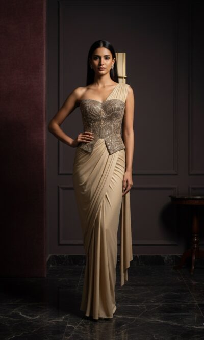 Golden Radiance Draped Corset Attire