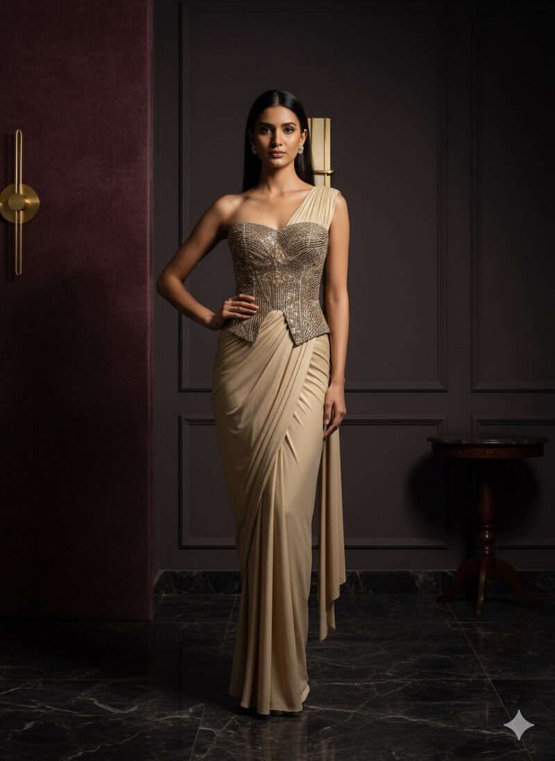 Golden Radiance Draped Corset Attire