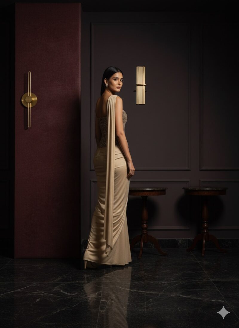 Golden Radiance Draped Corset Attire
