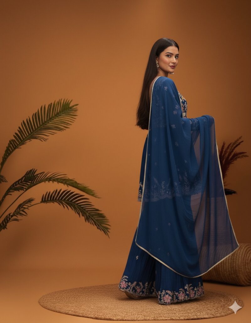 Navy Blue Floral Embroidered Peplum Sharara Suit