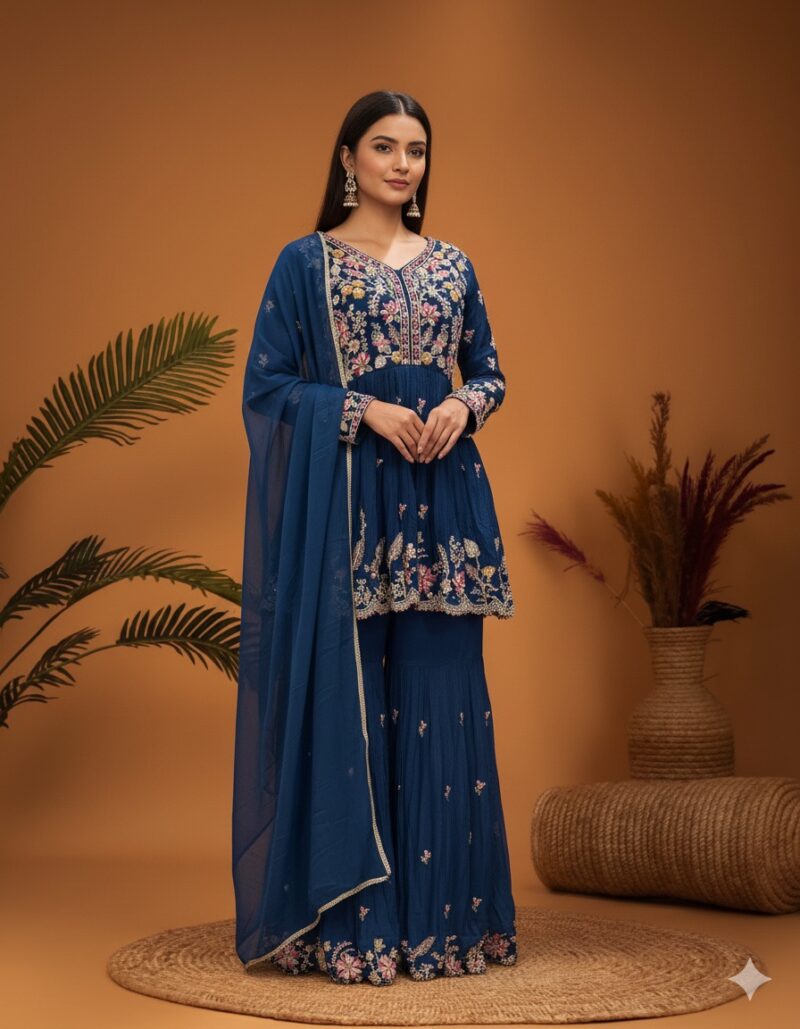 Navy Blue Floral Embroidered Peplum Sharara Suit