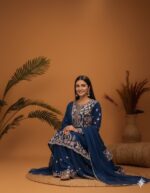 Navy Blue Floral Embroidered Peplum Sharara Suit