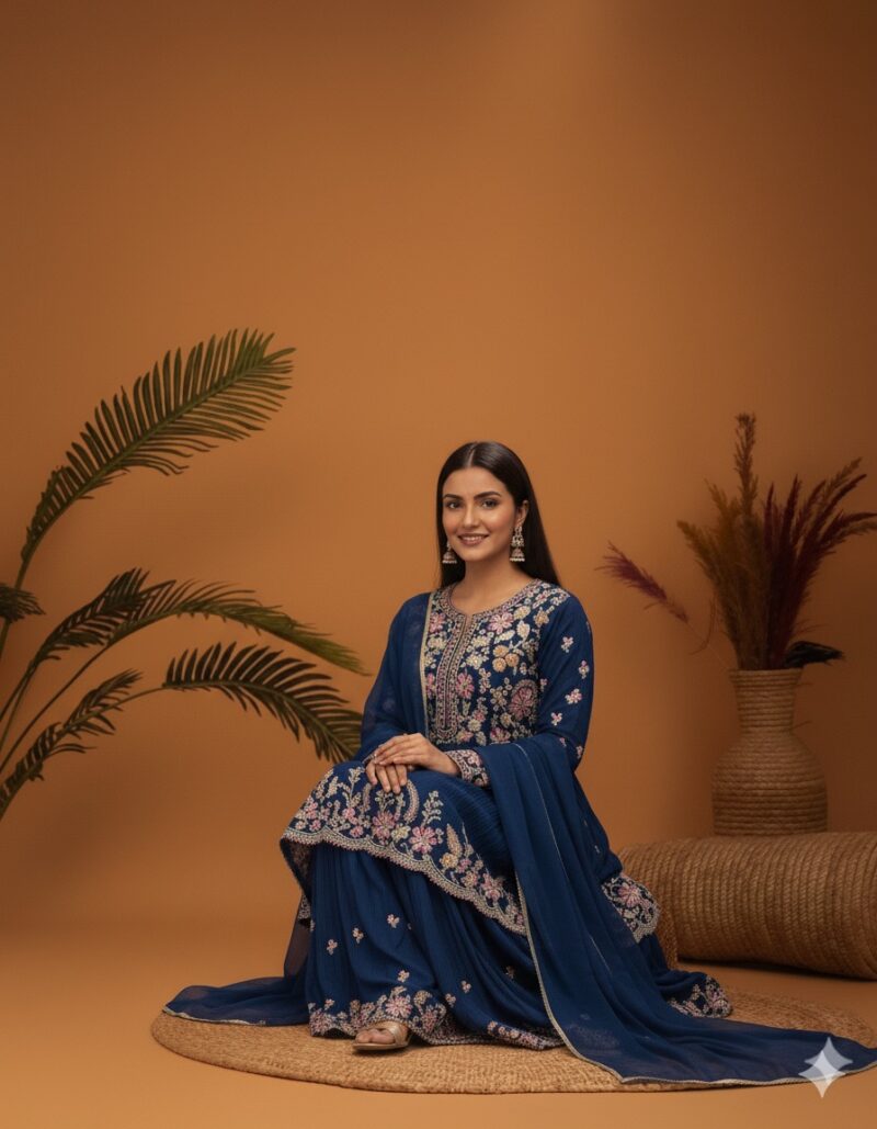 Navy Blue Floral Embroidered Peplum Sharara Suit