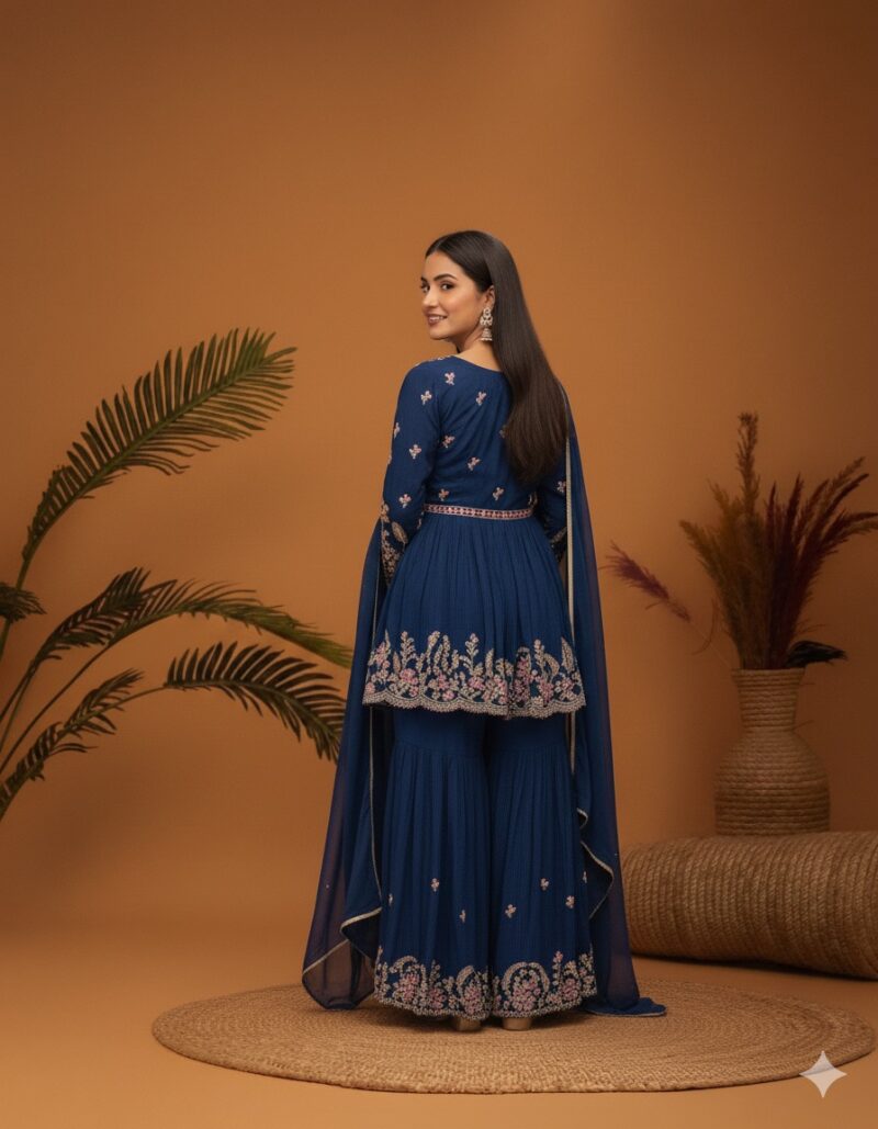 Navy Blue Floral Embroidered Peplum Sharara Suit