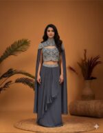 Sterling Embellished Cape-Blouse with a Waterfall Drape Skirt