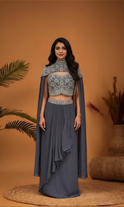 Sterling Embellished Cape-Blouse with a Waterfall Drape Skirt