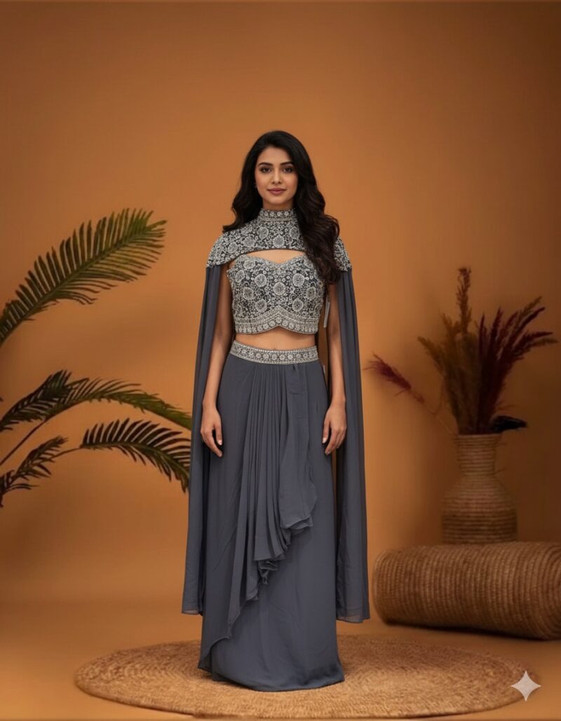 Sterling Embellished Cape-Blouse with a Waterfall Drape Skirt
