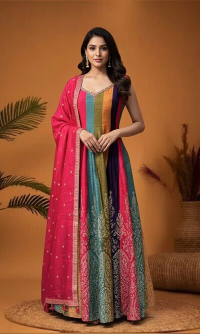 Vibrant Colorblock Anarkali Gown with Dupatta