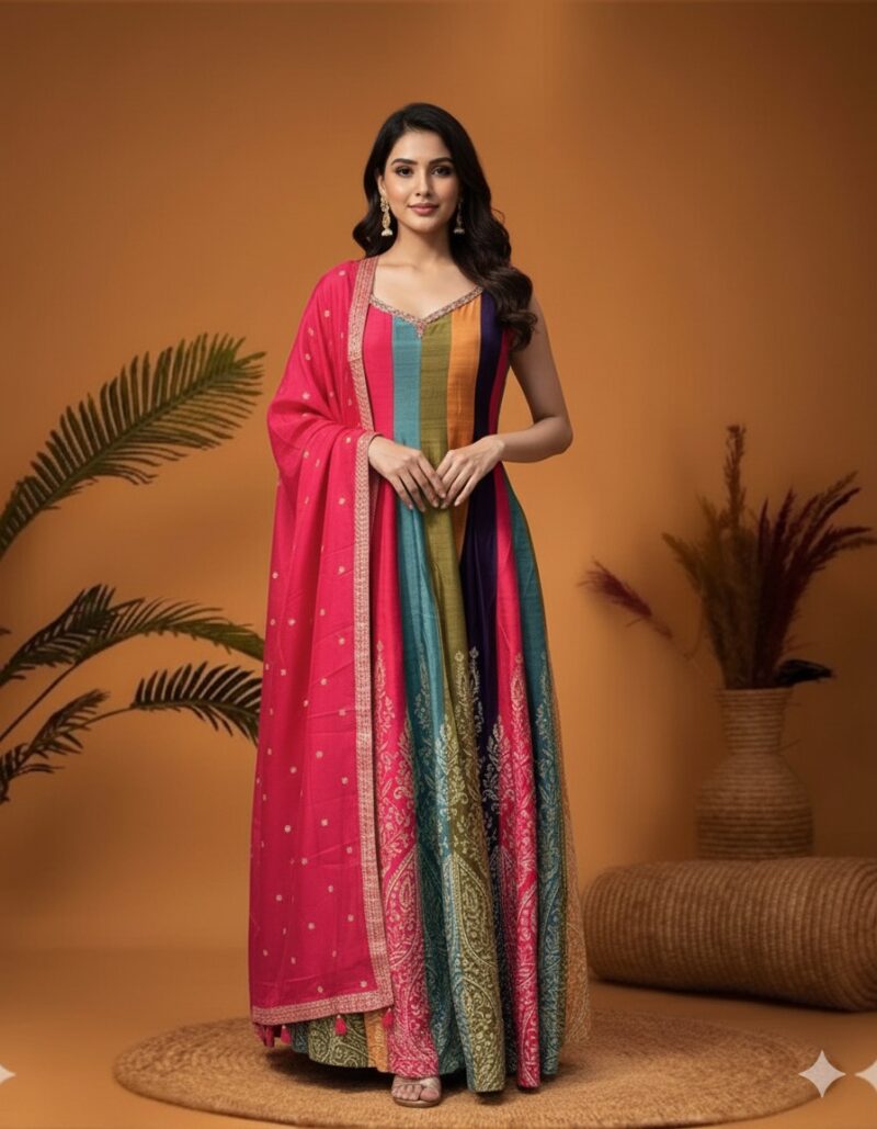 Vibrant Colorblock Anarkali Gown with Dupatta