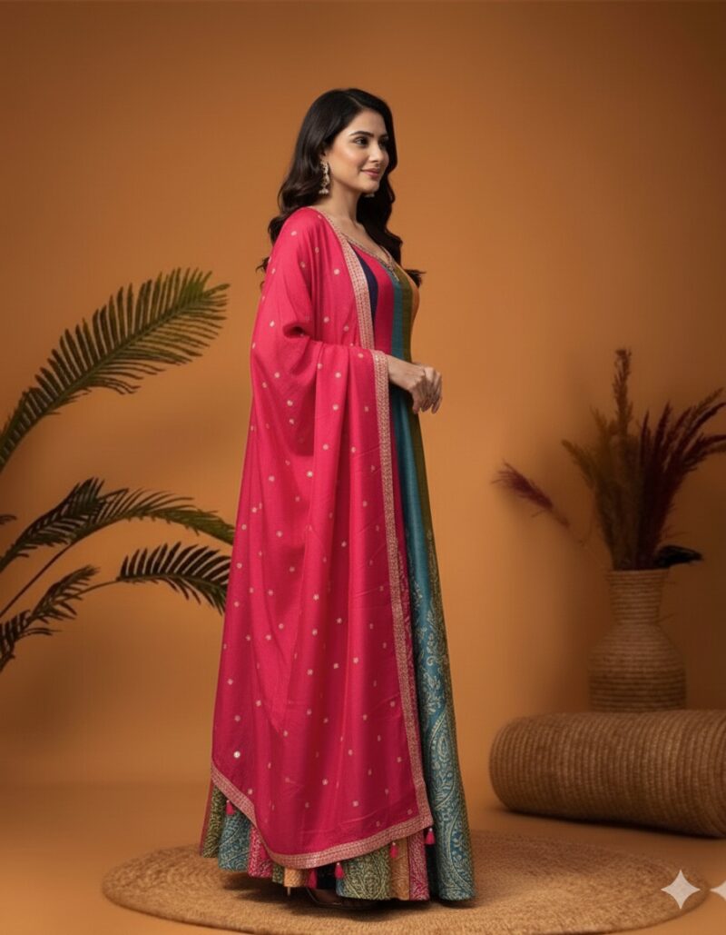 Vibrant Colorblock Anarkali Gown with Dupatta