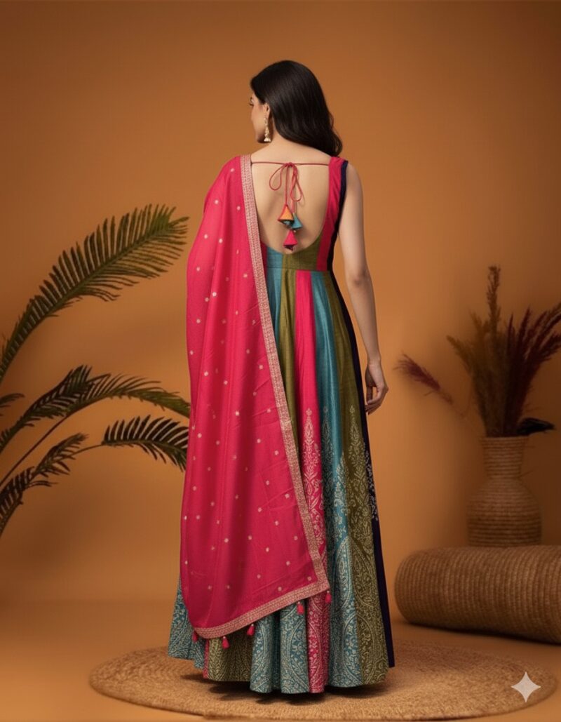 Vibrant Colorblock Anarkali Gown with Dupatta