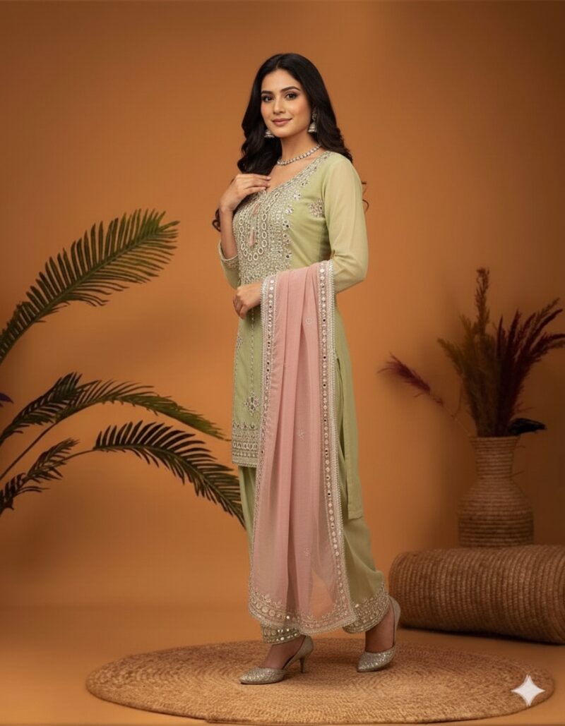 Elegant Sage Mirror Work Suit