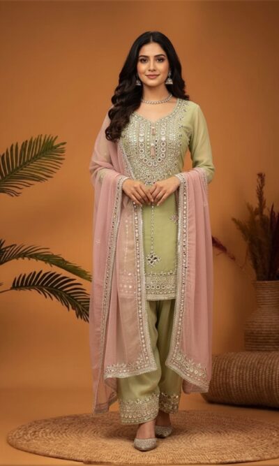Elegant Sage Mirror Work Suit