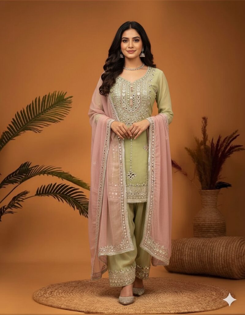 Elegant Sage Mirror Work Suit
