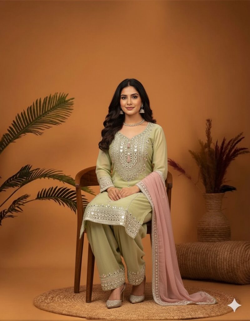 Elegant Sage Mirror Work Suit
