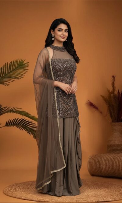 Taupe Sequin Draped Skirt Set