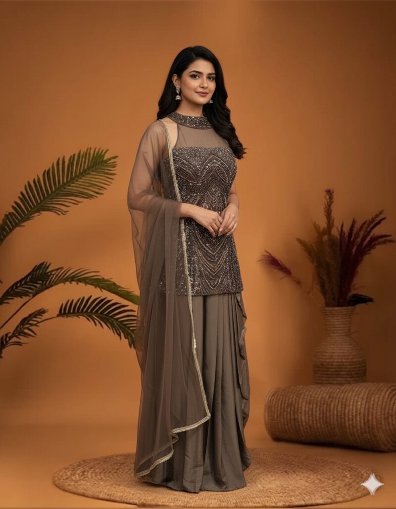 Taupe Sequin Draped Skirt Set