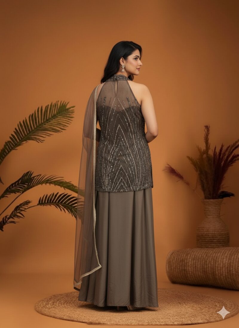 Taupe Sequin Draped Skirt Set