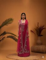 Raspberry Floral Embroidered Cape Skirt Set
