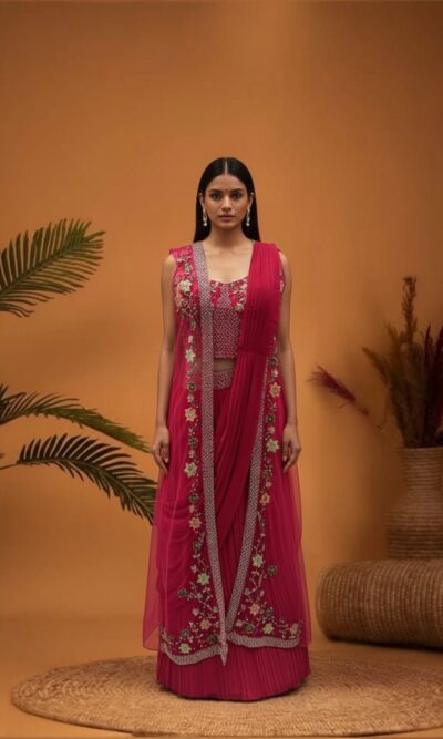 Raspberry Floral Embroidered Cape Skirt Set