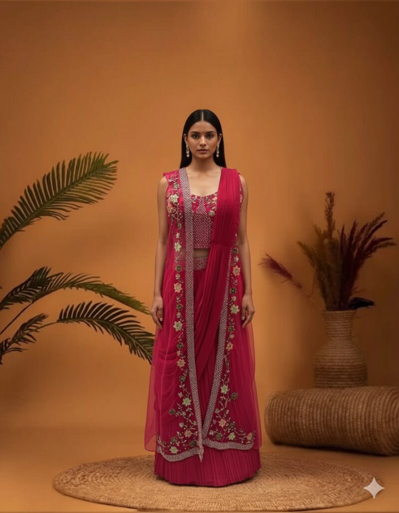 Raspberry Floral Embroidered Cape Skirt Set