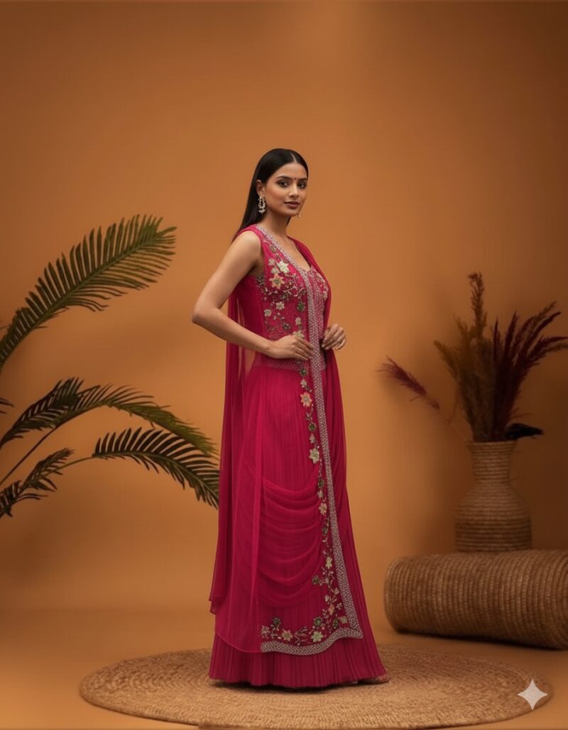 Raspberry Floral Embroidered Cape Skirt Set