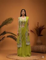 Lime Green Floral Embroidered Cape Skirt Set