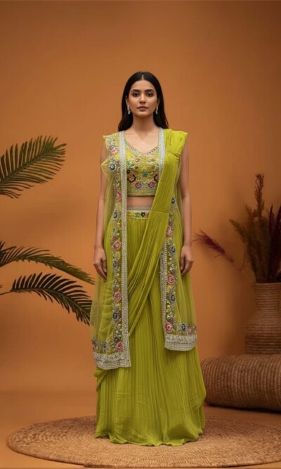 Lime Green Floral Embroidered Cape Skirt Set