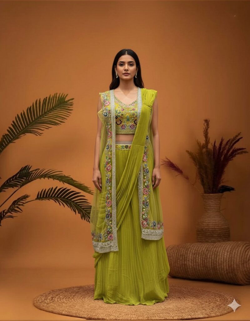 Lime Green Floral Embroidered Cape Skirt Set
