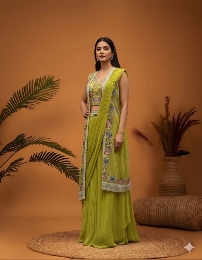 Lime Green Floral Embroidered Cape Skirt Set