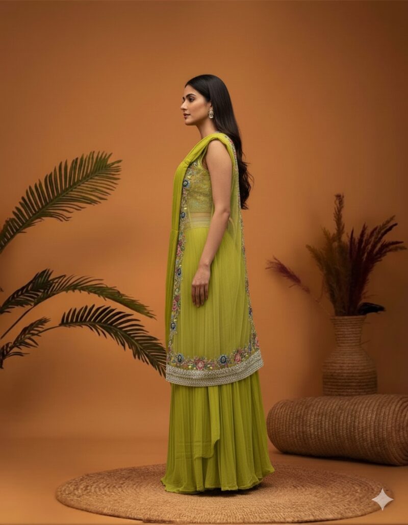 Lime Green Floral Embroidered Cape Skirt Set