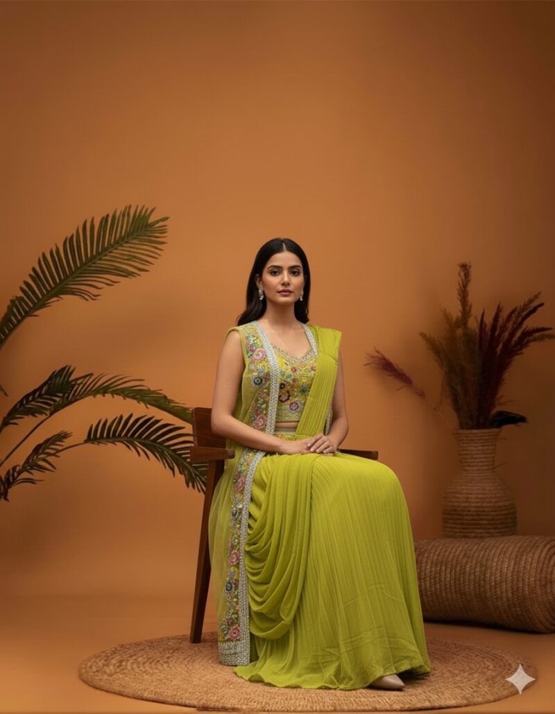 Lime Green Floral Embroidered Cape Skirt Set