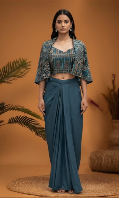 Embroidered Cape with Draped Skirt Set