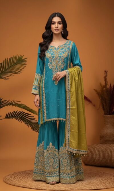 Turquoise Mustard Sharara Set