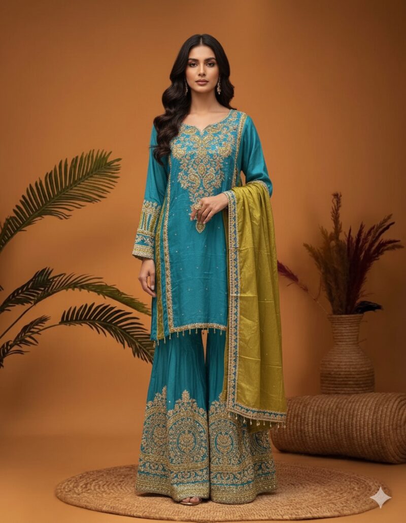 Turquoise Mustard Sharara Set