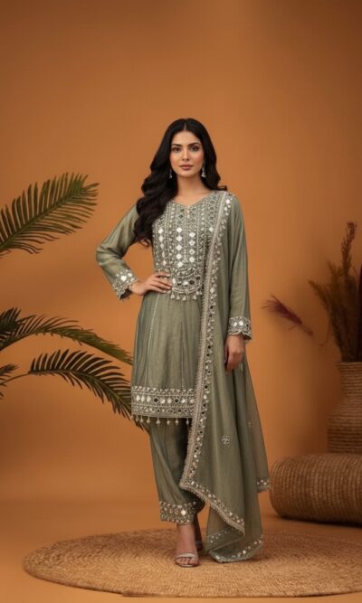 Sage Green Mirror Dhoti Style Suit