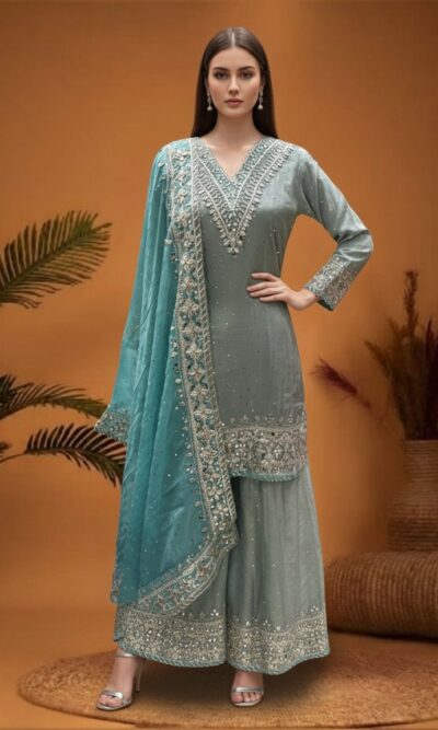 Sea Green Embroidered Sharara Elegance