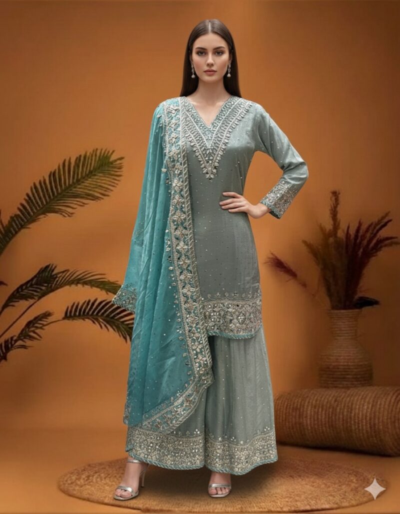 Sea Green Embroidered Sharara Elegance