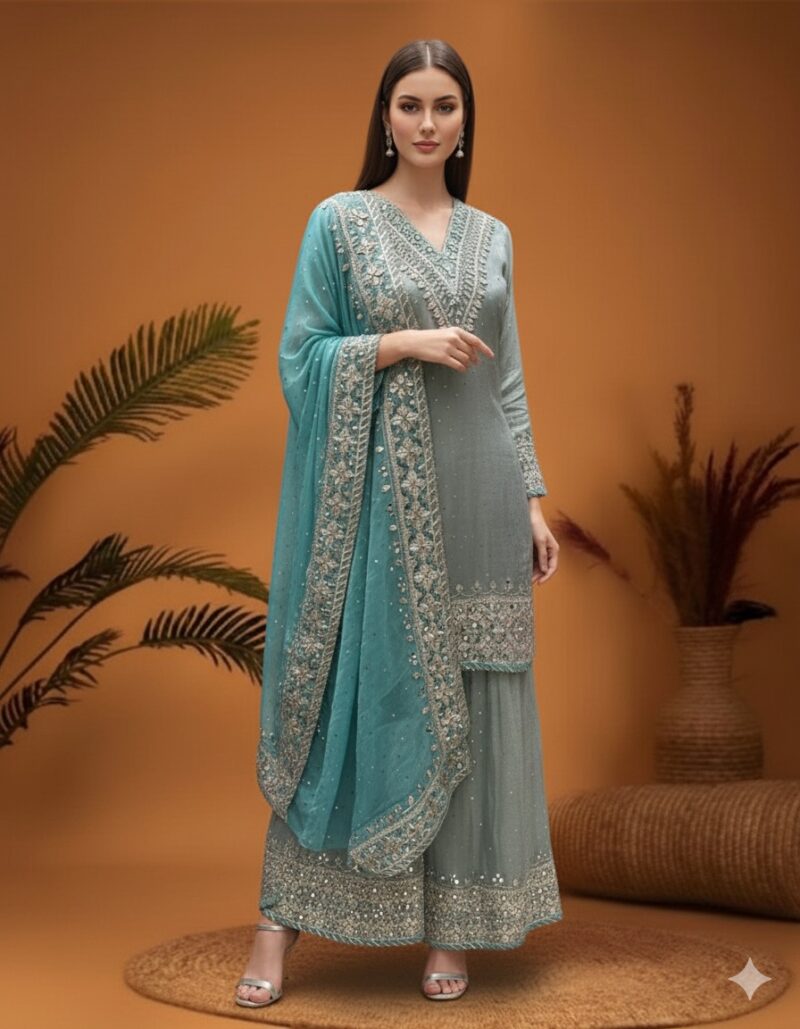 Sea Green Embroidered Sharara Elegance