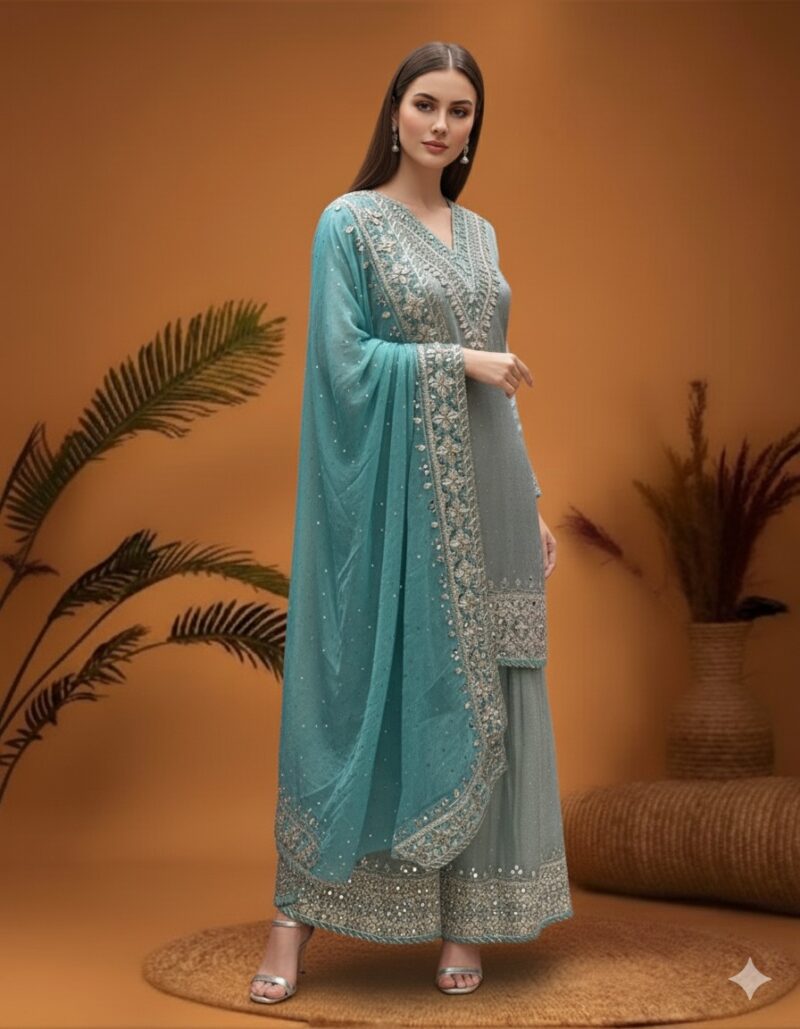 Sea Green Embroidered Sharara Elegance