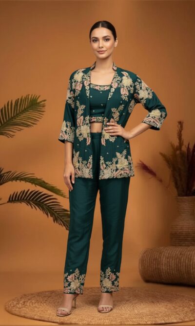 Floral Embroidered Trouser Jacket Set