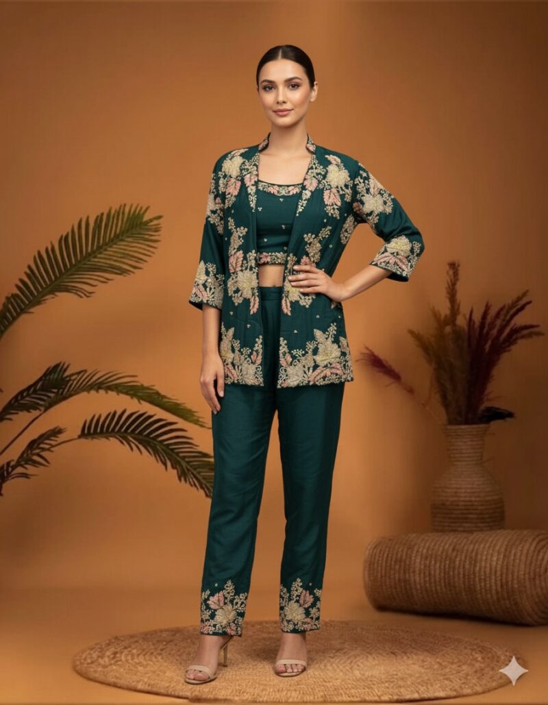 Floral Embroidered Trouser Jacket Set