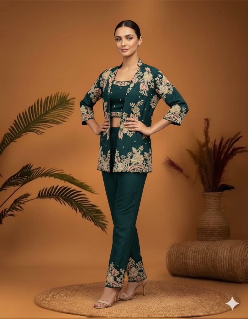Floral Embroidered Trouser Jacket Set